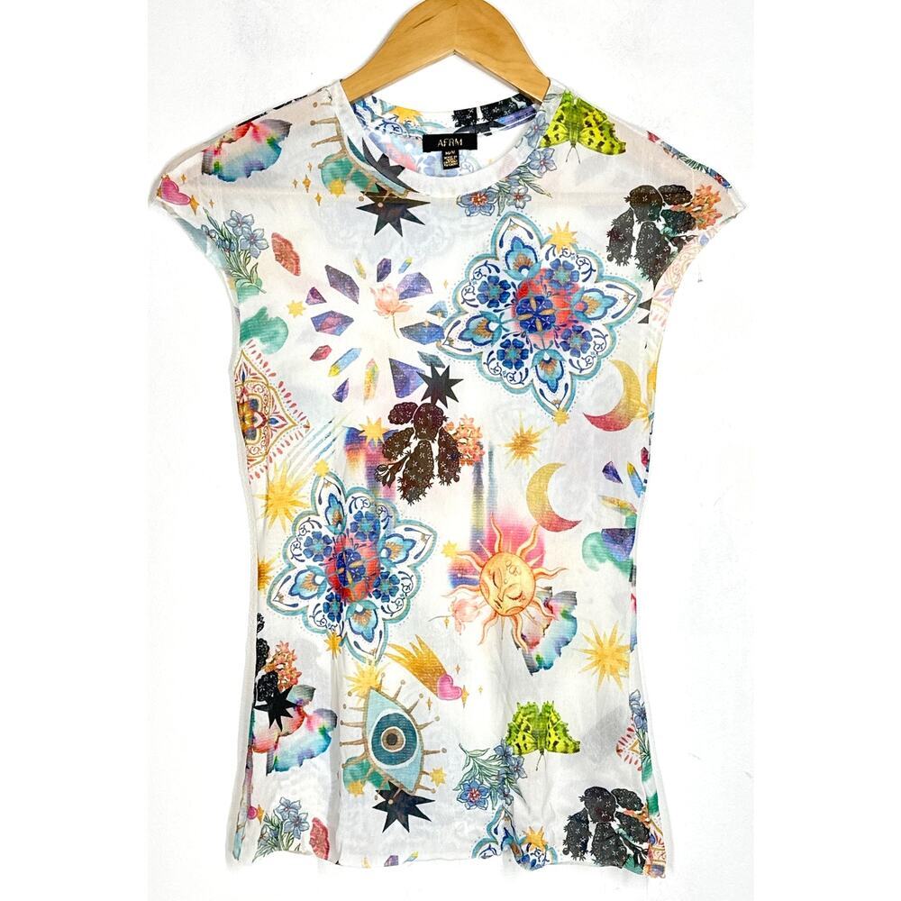 AFRM Nina Top Sun & Floral Print Sheer Mesh Cap Sleeve Tee Summer Convo M - Picture 3 of 11